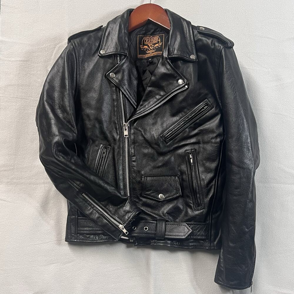 Milwaukee Riders Leather Biker Motorcycle Jacket Mens Small Black Heavy Duty